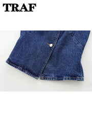 TRAF 2024 Women's Short Vest Autumn Fashion Blue Denim Vest Top Lady Casual Cropped Sleeveless Jacket Streetwear New Waistcoats