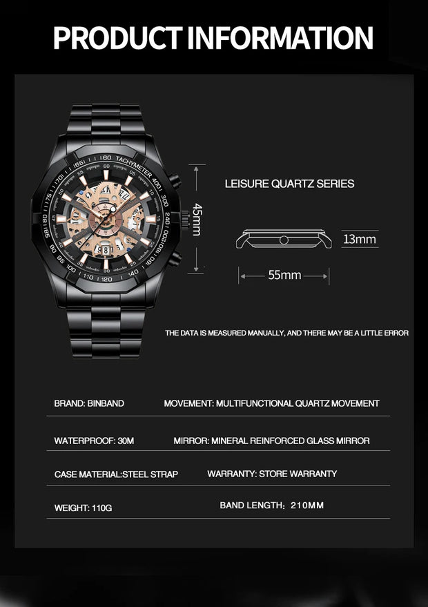 BINBONG Business Men's Watches Waterproof Calendar Luminous Fashion Quartz Watch For Man Stainless Steel Male Clock Reloj Hombre
