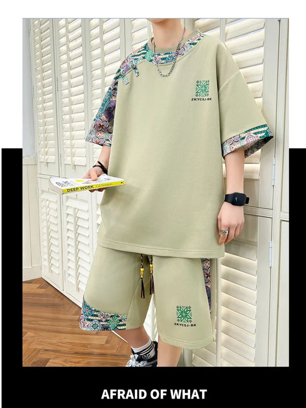 Summer Men's  Sets Mens Trend Casual Tracksuit Print Short Sleeve T-shirt+shorts Two Pieces Suit Mens Sportswear set
