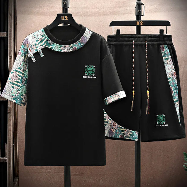 Summer Men's  Sets Mens Trend Casual Tracksuit Print Short Sleeve T-shirt+shorts Two Pieces Suit Mens Sportswear set