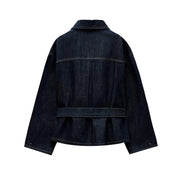 Vintage Belt Denim Jacket Pants Set Women Lapel Single Breasted Jackets Pockets Straight Jeans 2025 Spring Lady Street Outfits