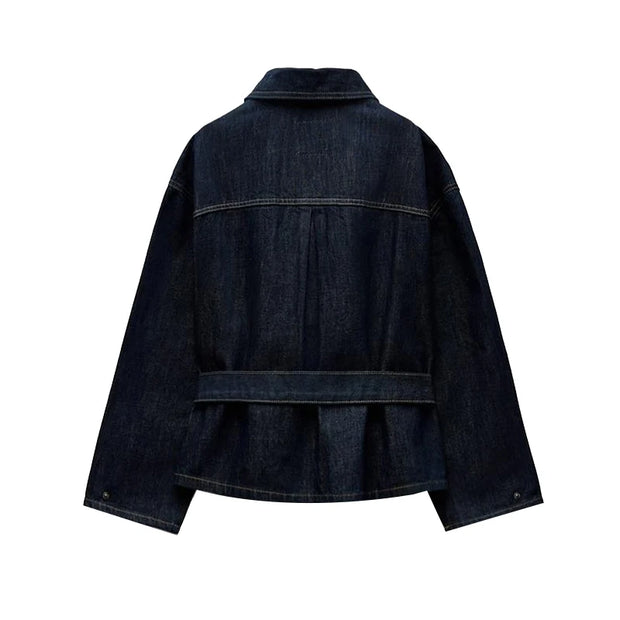 Vintage Belt Denim Jacket Pants Set Women Lapel Single Breasted Jackets Pockets Straight Jeans 2025 Spring Lady Street Outfits