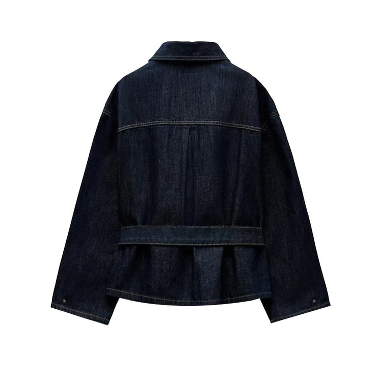Vintage Belt Denim Jacket Pants Set Women Lapel Single Breasted Jackets Pockets Straight Jeans 2025 Spring Lady Street Outfits