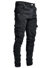 2025 New Men Street Elastic Denim Brand Jeans Narrow Legs Multi Pockets Cargo Pants Casual Slim Fit Daily Wear Joggers Mid Waist