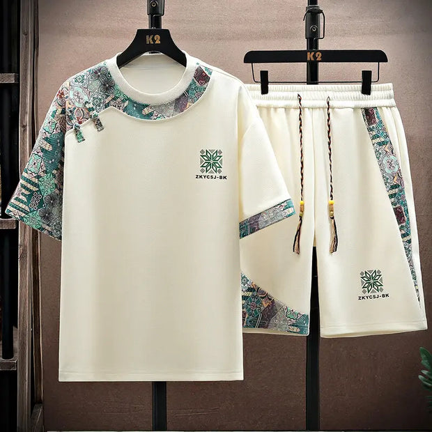 Summer Men's  Sets Mens Trend Casual Tracksuit Print Short Sleeve T-shirt+shorts Two Pieces Suit Mens Sportswear set