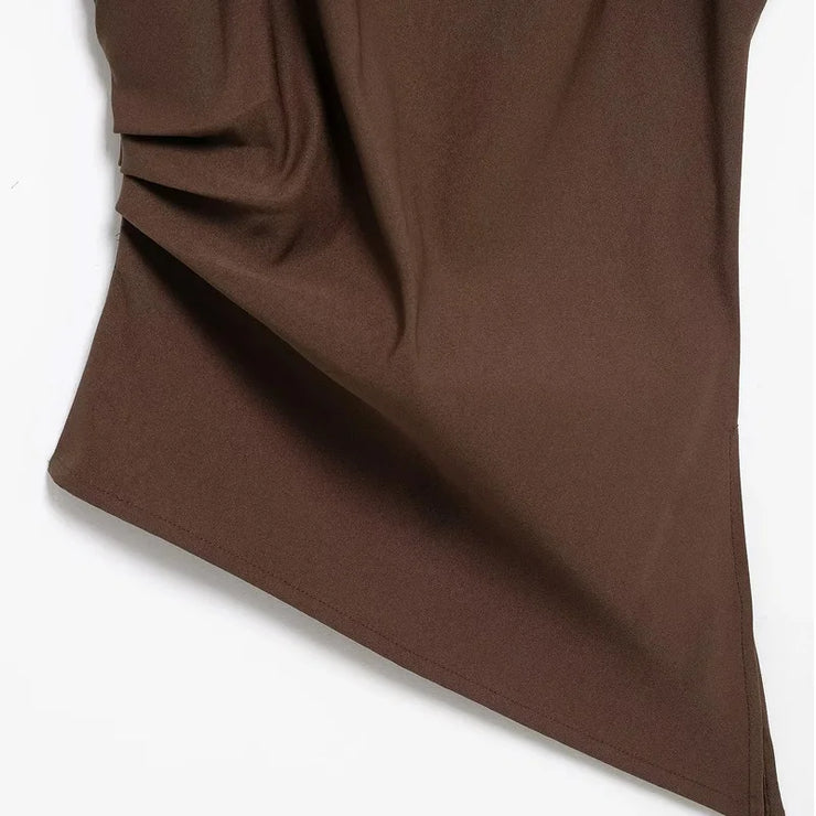 TRAF New Womens Tops Sleeveless Red Black Blouse Woman Summer Ruched Asymmetrical Top Women Slim Fit Brown Stylish Women's Top