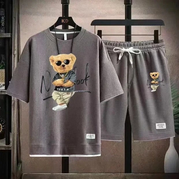 2025 Summer Men's trendy and fashionable high-end Waffle suits, casual T-shirt and shorts sets, men's sportswear sets, solid-col