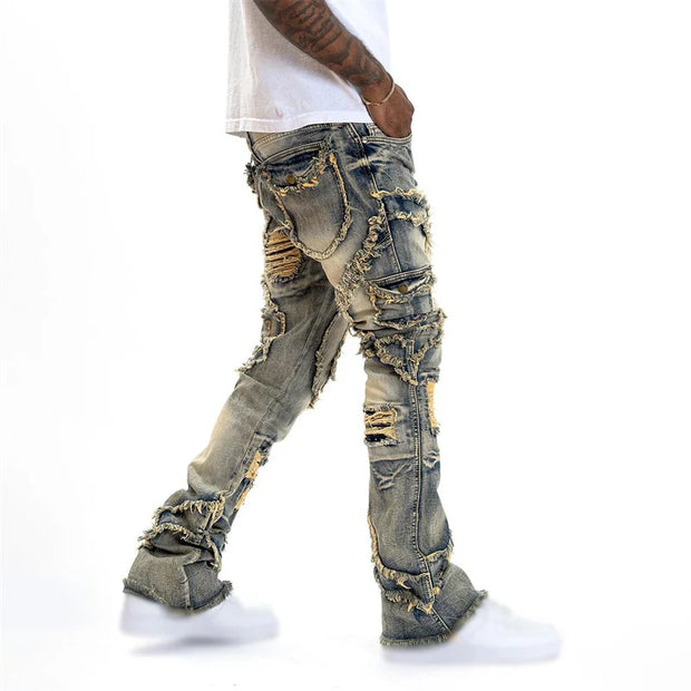 Men's Spring Autumn Casual Denim Pants Ripped Multi Pockets Slim Fit Jeans Trousers for Streetwear Punk Trendy Fashion Retro