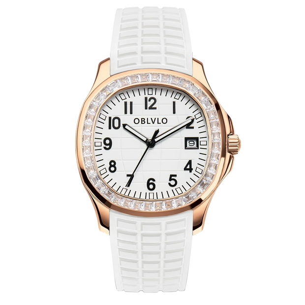 OBLVLO Trend Luxury Rose Gold Diamond Date Mechanical Automatic Watches For Men Blue Silicone Strap Waterproof Sport Watch FM-SL
