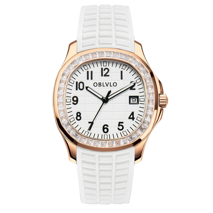 OBLVLO Trend Luxury Rose Gold Diamond Date Mechanical Automatic Watches For Men Blue Silicone Strap Waterproof Sport Watch FM-SL