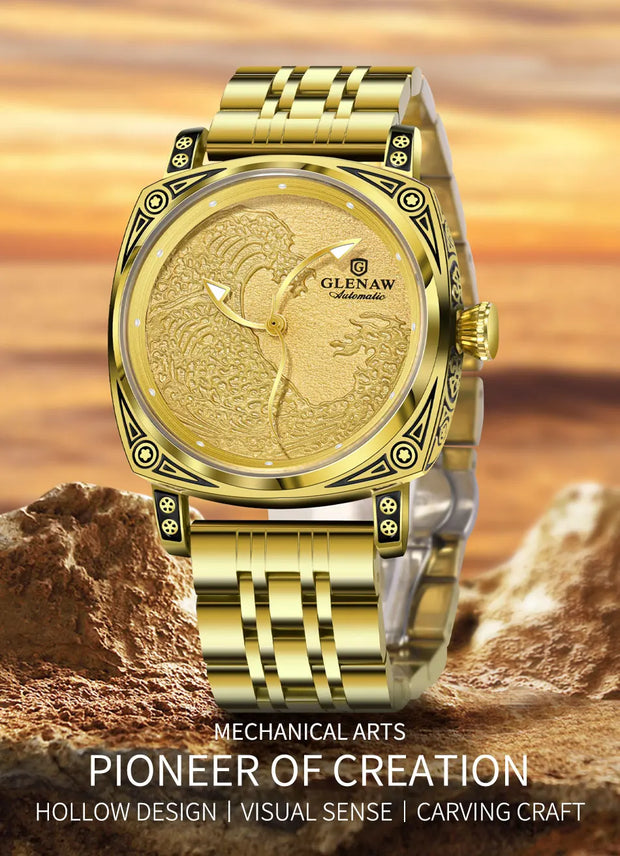 GLENAW  Mechanical Wristwatch Watches Men Surfing Sailboat Pointer Luminous Transparent Skeleton Mechanical Leather Male Clock