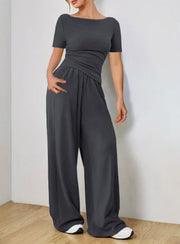 Women's Two-piece Wide Leg Pants Fashion Set Irregular Short Top Women's Clothing Yoga Exercise Set Спортивный Костюм Женский
