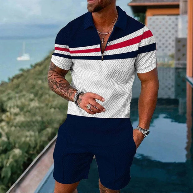 Men's Summer suit  Polo Tracksuit Set  Men Short Sleeve Zipper Polo t-Shirt and Shorts Set  2 Piece Suit  for boy with shorts