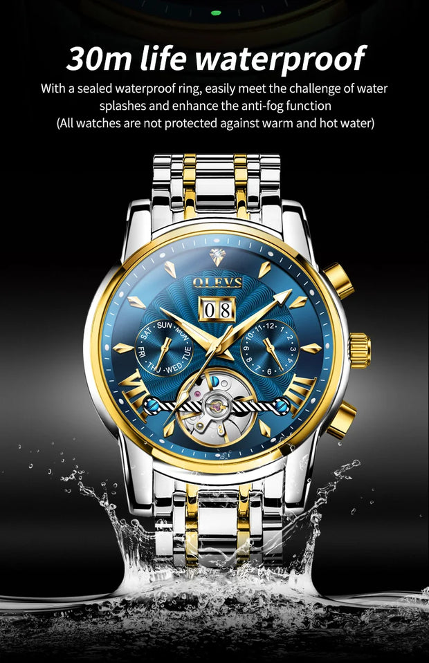 OLEVS 9965 Mens Watch Classic Hollow Out Automatic Mechanical Watch Original Movement Waterproof Luminous Calendar Year Moon