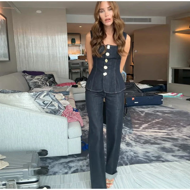 Vintage Women's Denim Sleeveless Set Crop Top With Chic Buttons Matching High Waist Slim Fit Jeans Casual Streetwear Outfits