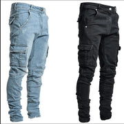 2025 New Men Street Elastic Denim Brand Jeans Narrow Legs Multi Pockets Cargo Pants Casual Slim Fit Daily Wear Joggers Mid Waist