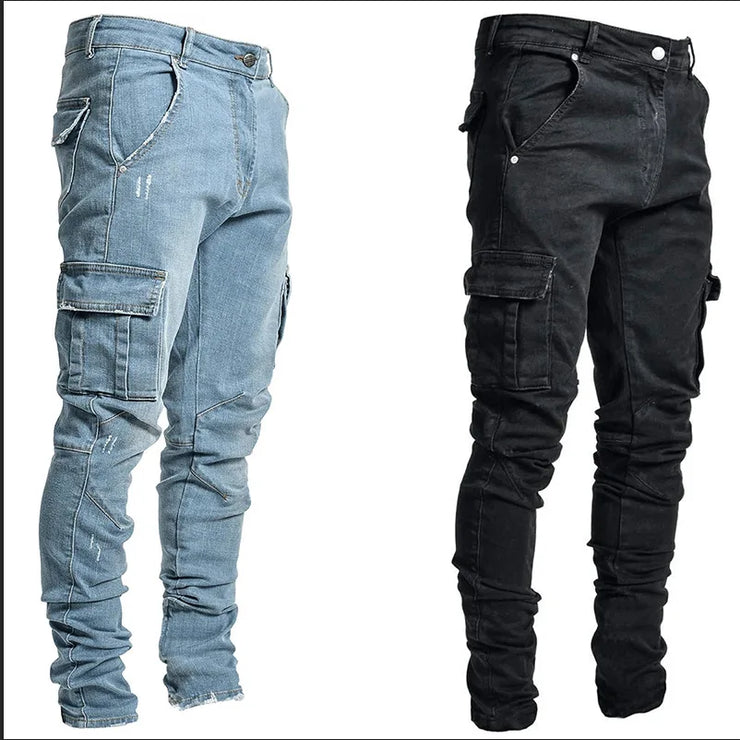 2025 New Men Street Elastic Denim Brand Jeans Narrow Legs Multi Pockets Cargo Pants Casual Slim Fit Daily Wear Joggers Mid Waist
