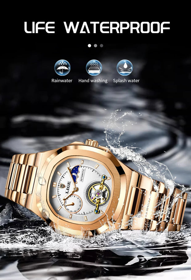 LIGE Classic Retro Men Watch Fashion Business Men's Mechanical Wristwatches Top Brand Luxury Waterproof Automatic Watch For Men