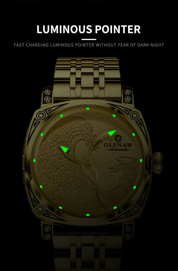 GLENAW  Mechanical Wristwatch Watches Men Surfing Sailboat Pointer Luminous Transparent Skeleton Mechanical Leather Male Clock
