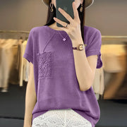 Women's T-shirt Spring/Summer Worsted Cotton Knitwear Casual Solid Color Ladies' Tops Loose Round Neck Blouse Pullover Tees