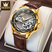 OLEVS 6661 Fully Hollow Automatic Man Watch Fashion Leather Strap Waterproof Luminous Hand Clock Men's Mechanical Wristwatches