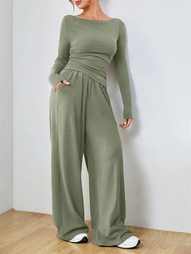 Women's Two-piece Wide Leg Pants Fashion Set Irregular Short Top Women's Clothing Yoga Exercise Set Спортивный Костюм Женский