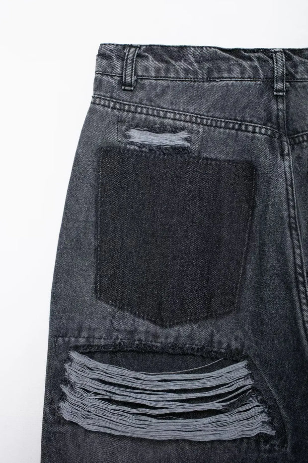 TRAFZA Jeans For Women 2024 Denim Solid Loose Zipper Fly Female Hole Trouser Pockets Wild Basic Commute Woman Wide Leg Long Pant