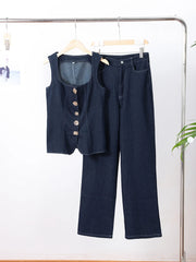 Vintage Women's Denim Sleeveless Set Crop Top With Chic Buttons Matching High Waist Slim Fit Jeans Casual Streetwear Outfits