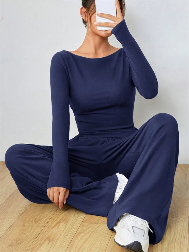 Women's Two-piece Wide Leg Pants Fashion Set Irregular Short Top Women's Clothing Yoga Exercise Set Спортивный Костюм Женский