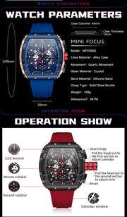 MINI FOCUS Chronograph Quartz Watch for Men Tonneau Dial Military Sport Wristwatch Male with Orange Silicone Strap Auto Date