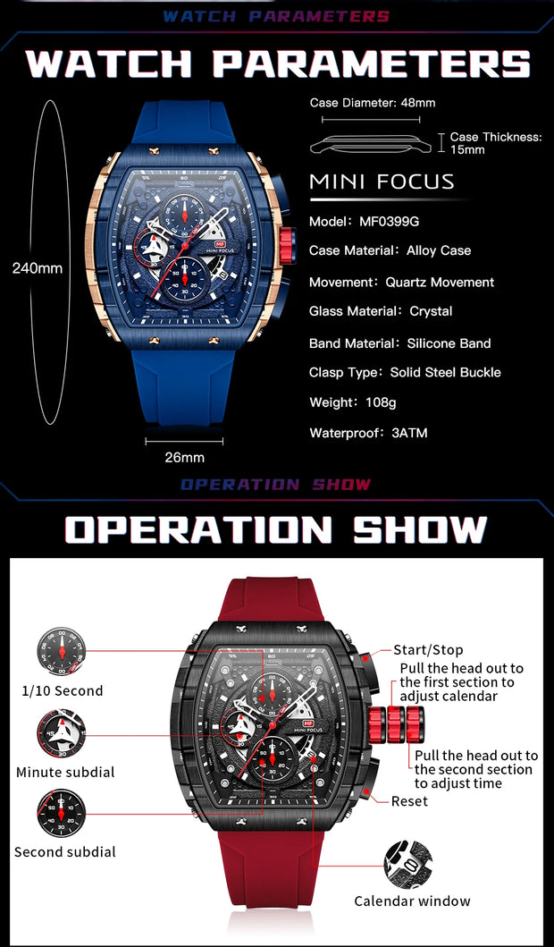 MINI FOCUS Chronograph Quartz Watch for Men Tonneau Dial Military Sport Wristwatch Male with Orange Silicone Strap Auto Date