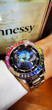 Luxury Brand Mechanical Watch for Men Rotating Star Dial Fashion Rainbow Case Automatic Watches Genuine Leather Strap Wristwatch
