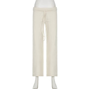 Cuteandpsycho Casual Solid Basic Pants Y2K Chic Floor Length Bottoms Vintage Aesthetic Mid Waist Drawstring Straight Trousers