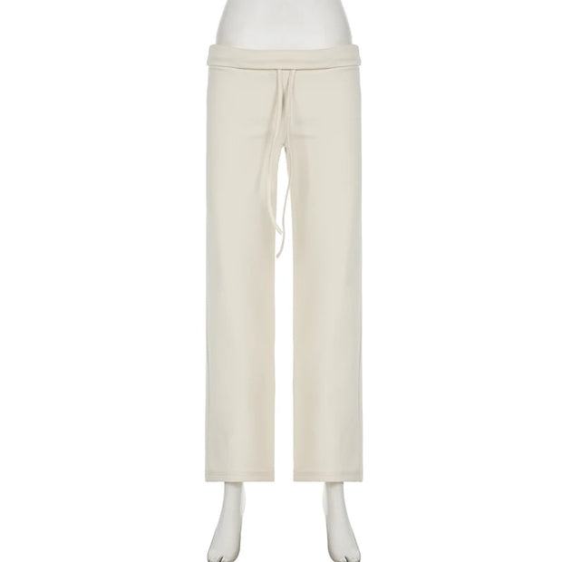 Cuteandpsycho Casual Solid Basic Pants Y2K Chic Floor Length Bottoms Vintage Aesthetic Mid Waist Drawstring Straight Trousers