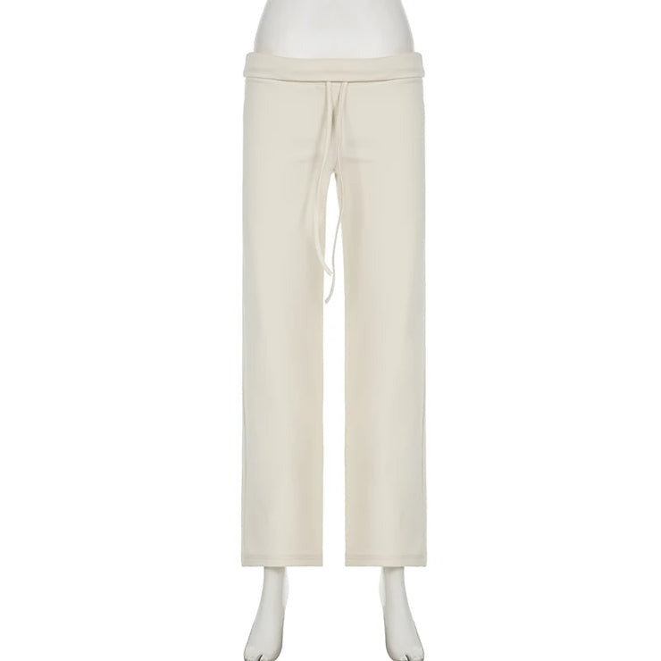 Cuteandpsycho Casual Solid Basic Pants Y2K Chic Floor Length Bottoms Vintage Aesthetic Mid Waist Drawstring Straight Trousers