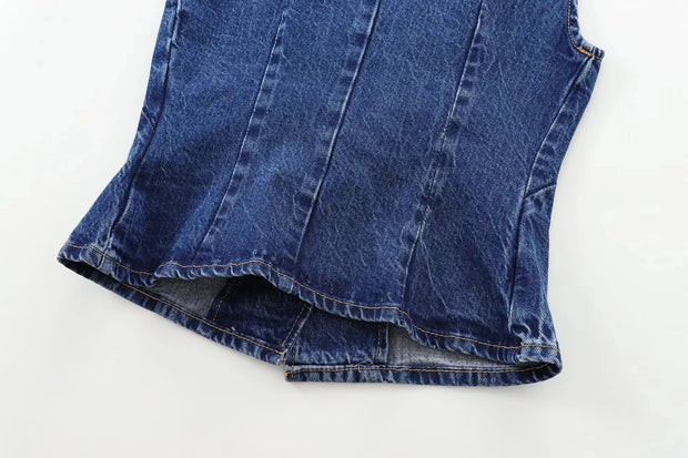 TRAF 2024 Women's Short Vest Autumn Fashion Blue Denim Vest Top Lady Casual Cropped Sleeveless Jacket Streetwear New Waistcoats