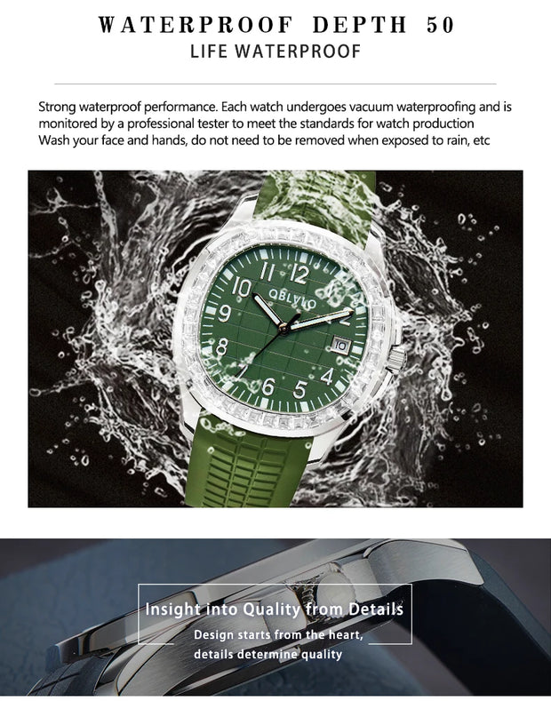 OBLVLO Trend Luxury Rose Gold Diamond Date Mechanical Automatic Watches For Men Blue Silicone Strap Waterproof Sport Watch FM-SL