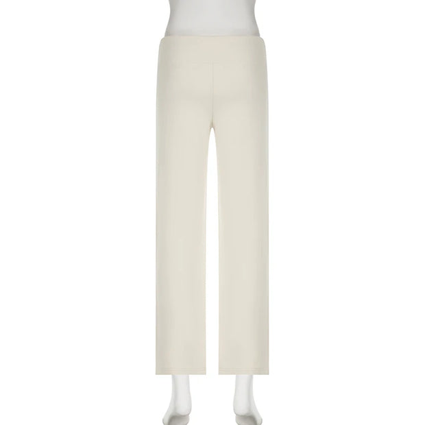 Cuteandpsycho Casual Solid Basic Pants Y2K Chic Floor Length Bottoms Vintage Aesthetic Mid Waist Drawstring Straight Trousers
