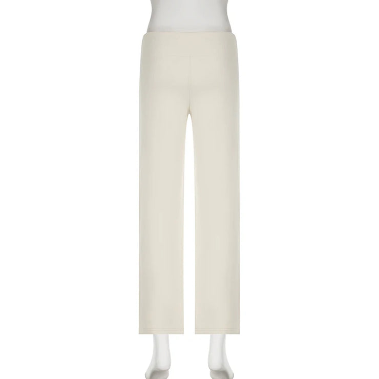 Cuteandpsycho Casual Solid Basic Pants Y2K Chic Floor Length Bottoms Vintage Aesthetic Mid Waist Drawstring Straight Trousers