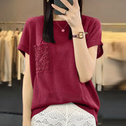 Women's T-shirt Spring/Summer Worsted Cotton Knitwear Casual Solid Color Ladies' Tops Loose Round Neck Blouse Pullover Tees