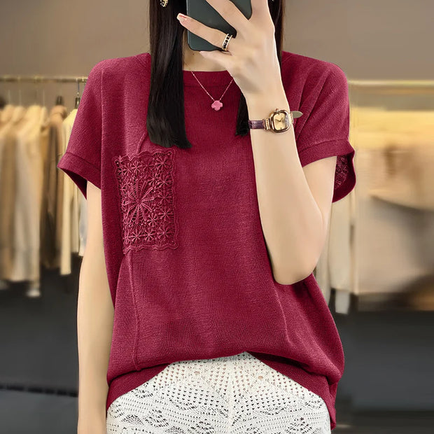 Women's T-shirt Spring/Summer Worsted Cotton Knitwear Casual Solid Color Ladies' Tops Loose Round Neck Blouse Pullover Tees