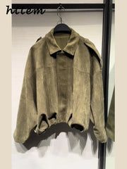 Street Women's Suede Bomber Jacket Fashion Lapel Zipper Full Sleeve Female Coats 2025 Spring Lady Casual Commute Vintage Outwear