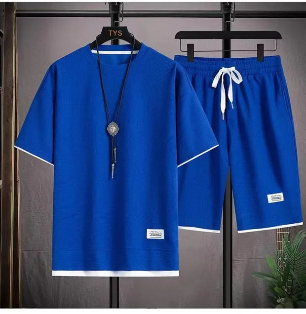 Summer Men's Sports Set  Casual T-Shirt And Shorts Set Male Sports Suit Solid Color Tracksuit Loose Suits Size 3XL