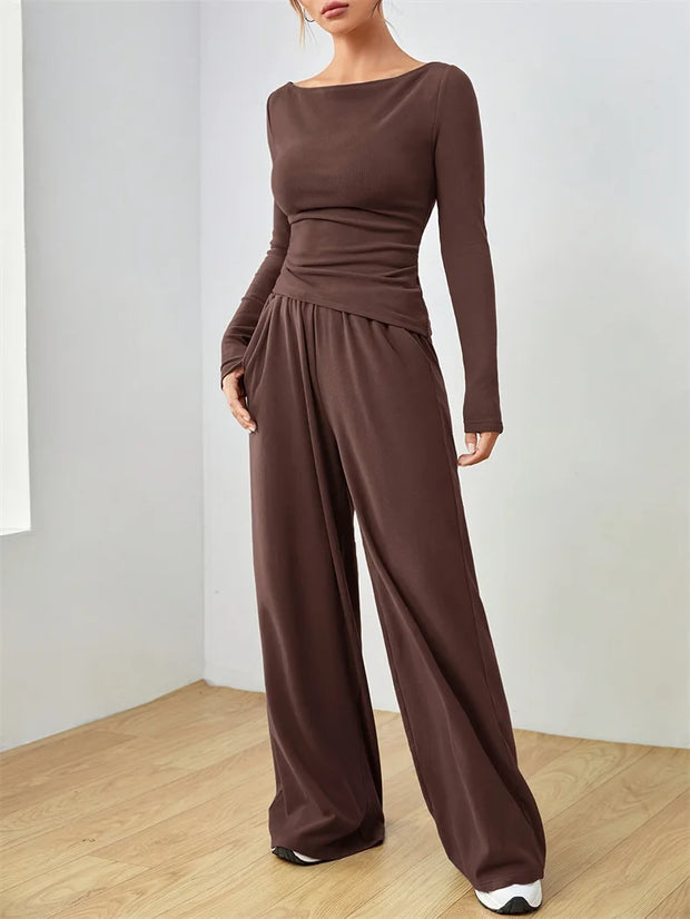 Women's Two-piece Wide Leg Pants Fashion Set Irregular Short Top Women's Clothing Yoga Exercise Set Спортивный Костюм Женский