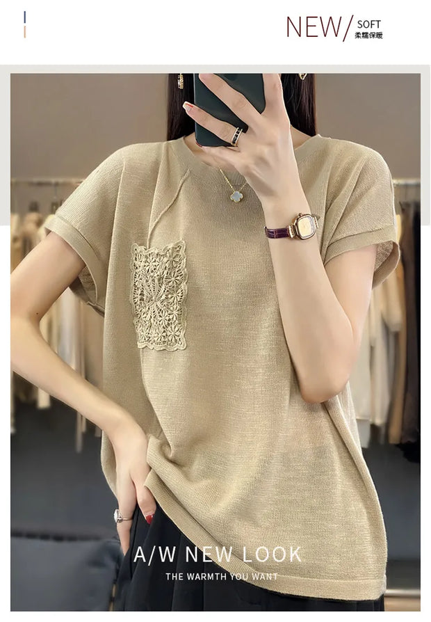 Women's T-shirt Spring/Summer Worsted Cotton Knitwear Casual Solid Color Ladies' Tops Loose Round Neck Blouse Pullover Tees