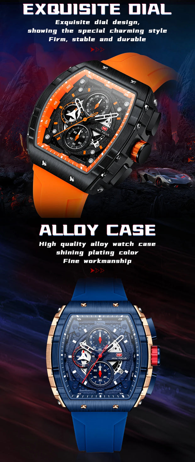 MINI FOCUS Chronograph Quartz Watch for Men Tonneau Dial Military Sport Wristwatch Male with Orange Silicone Strap Auto Date