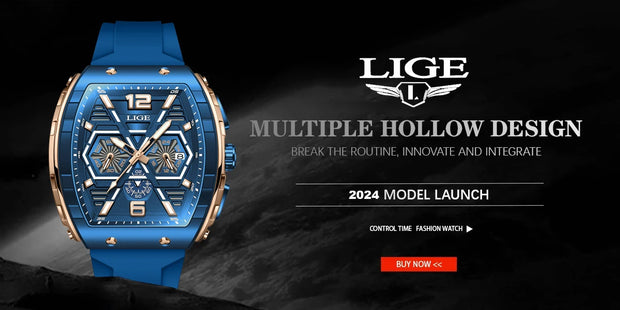 LIGE Mens Watches Top Brand Luxury Square Silicone Watch For Men Fashion Military Quartz Waterproof Chronograph Montre Homme