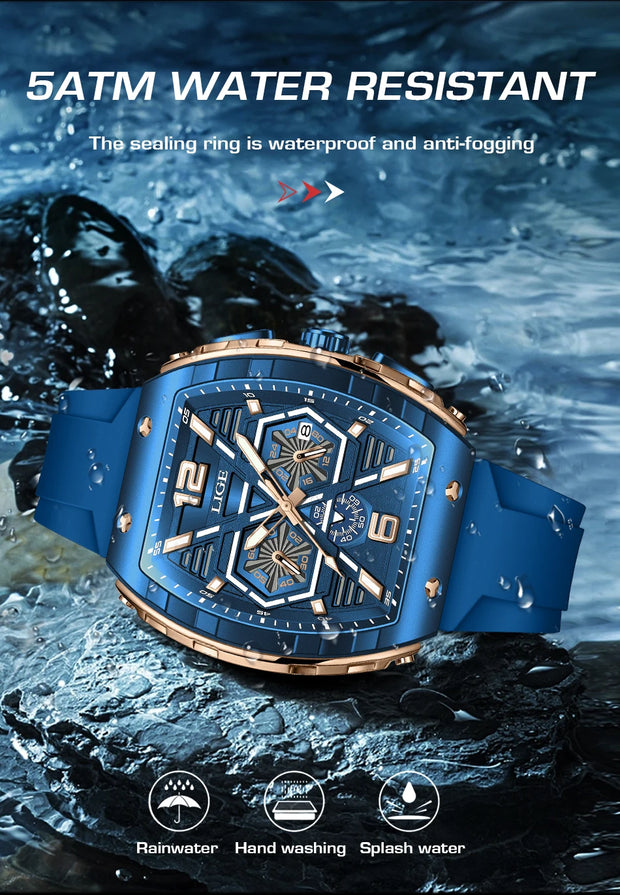 LIGE Mens Watches Top Brand Luxury Square Silicone Watch For Men Fashion Military Quartz Waterproof Chronograph Montre Homme