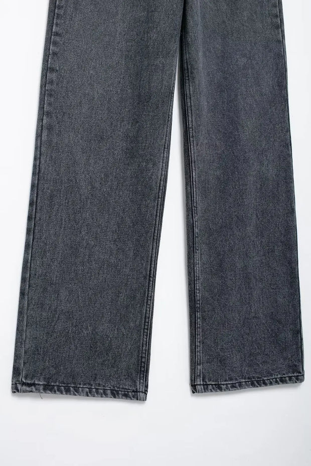 TRAFZA Jeans For Women 2024 Denim Solid Loose Zipper Fly Female Hole Trouser Pockets Wild Basic Commute Woman Wide Leg Long Pant