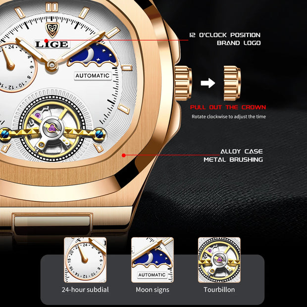 LIGE Classic Retro Men Watch Fashion Business Men's Mechanical Wristwatches Top Brand Luxury Waterproof Automatic Watch For Men